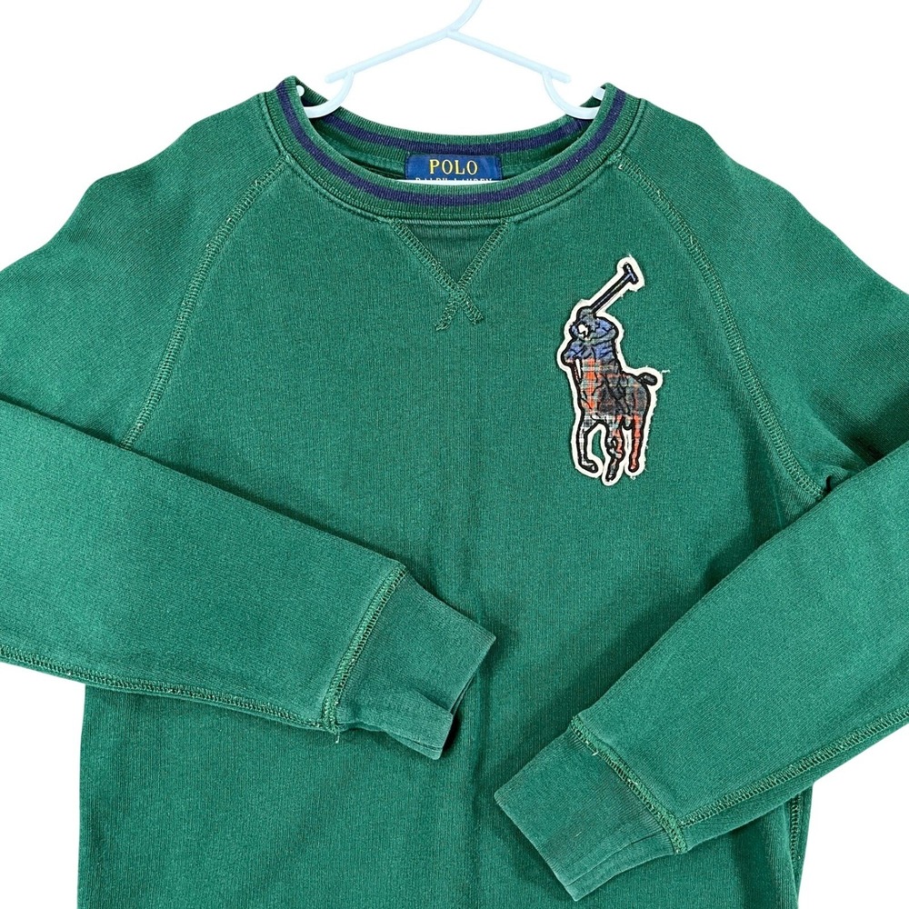 Polo Ralph Lauren Sweatshirt Boys S 8 Big Pony Plaid Patch Green Sweater School